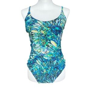 TOGS One Piece Swimsuit Blue Peacock Shirred Front Adjustable Straps US Size 12